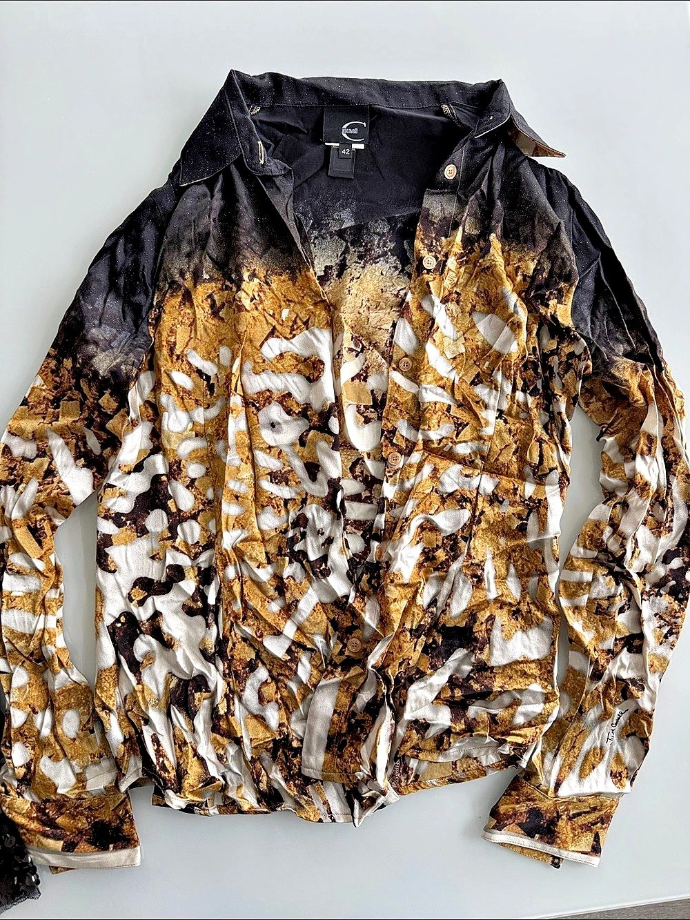 Just Cavalli Abstract Gold Black Bomber Blouse Size 42, Skirt size 44